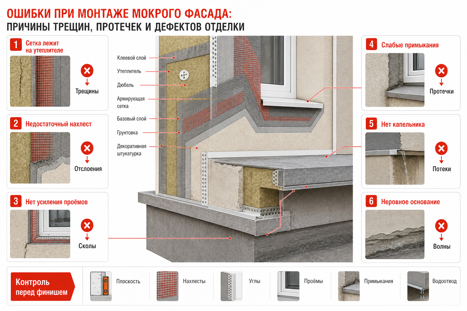Ошибки при монтаже мокрого фасада: причины трещин, протечек и дефектов отделки