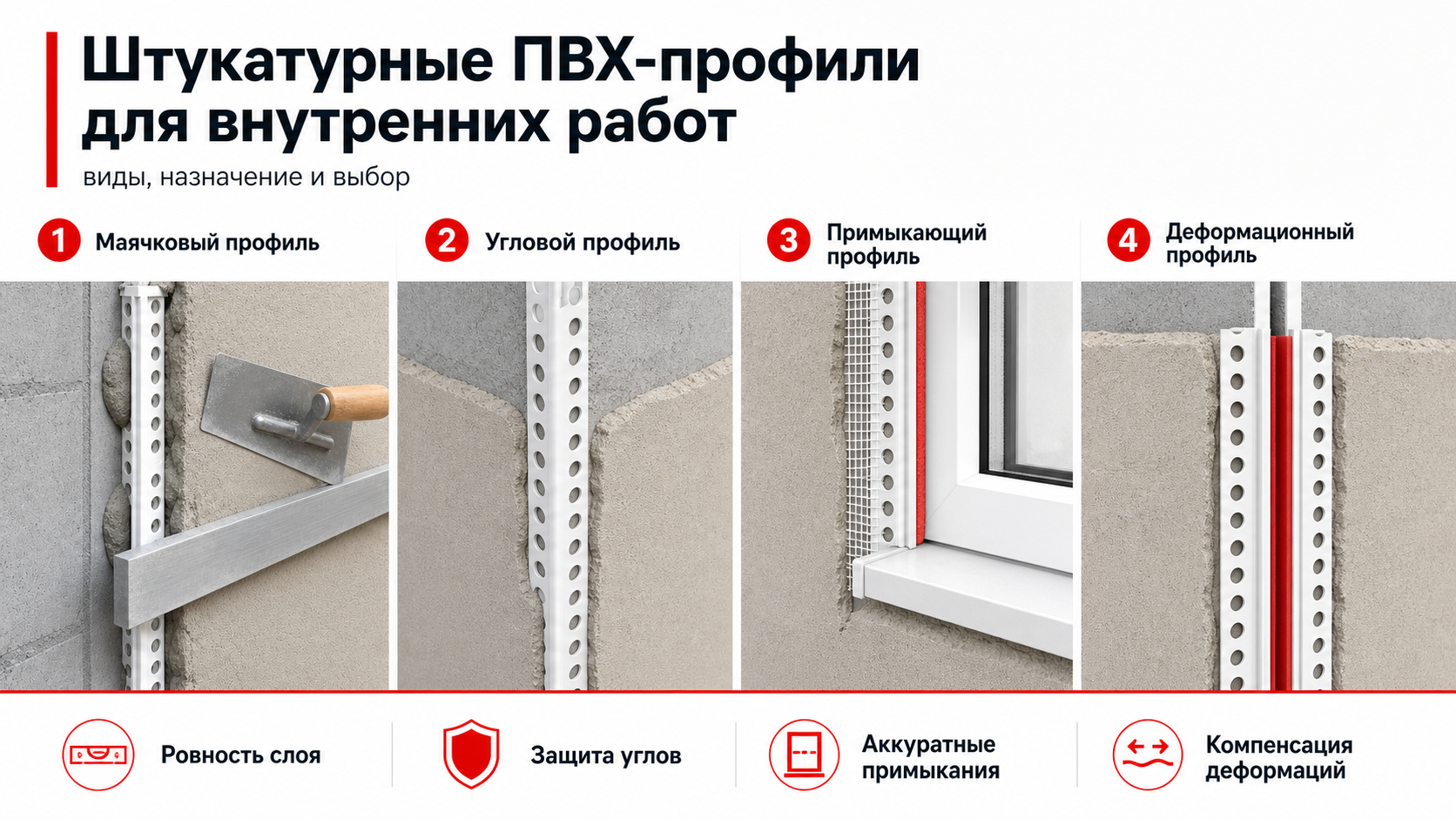 Штукатурные ПВХ-профили для внутренних работ: виды, назначение и выбор